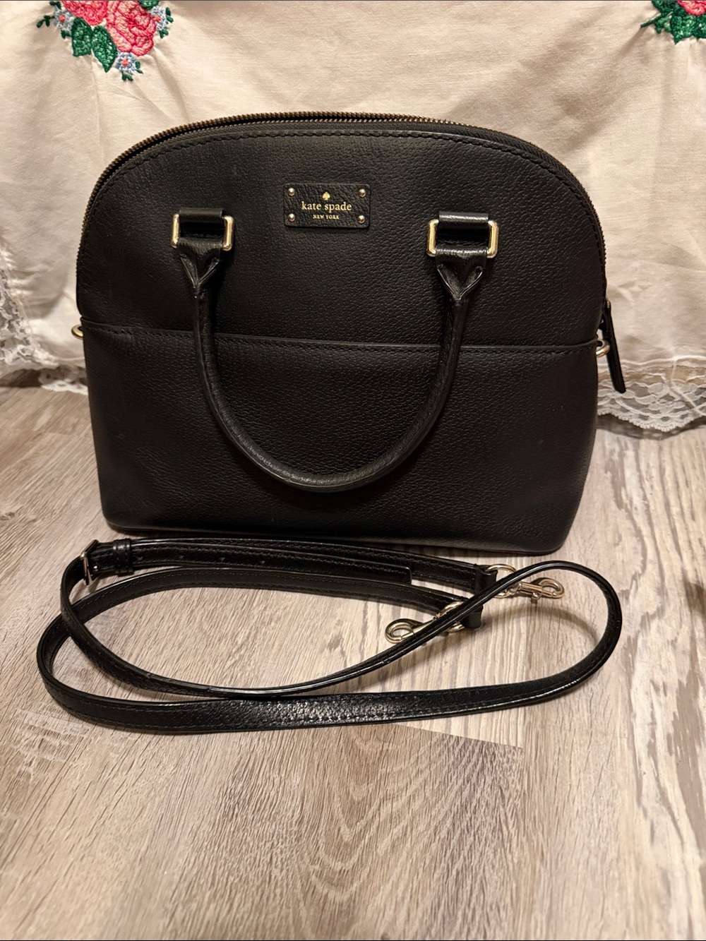 kate spade black Leather Dome Satchel with Removable Strap and Gold Hardware